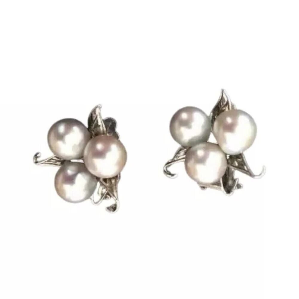 Antique Natural 3 Pearls Stud Earrings Sterling Silver 925 Clip On Designer